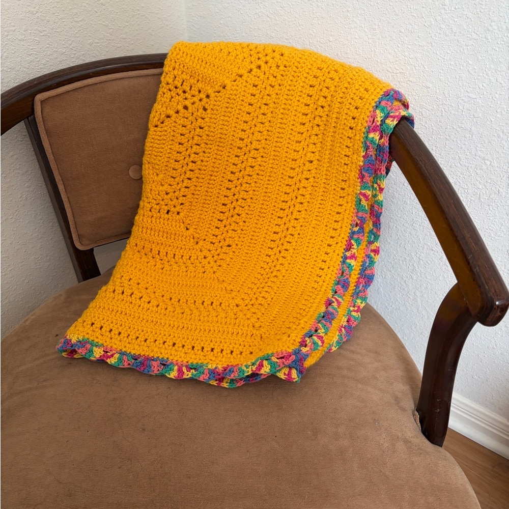 Handmade Baby Crochet Throw Blanket - Mustard Yellow with Multicolor Trim